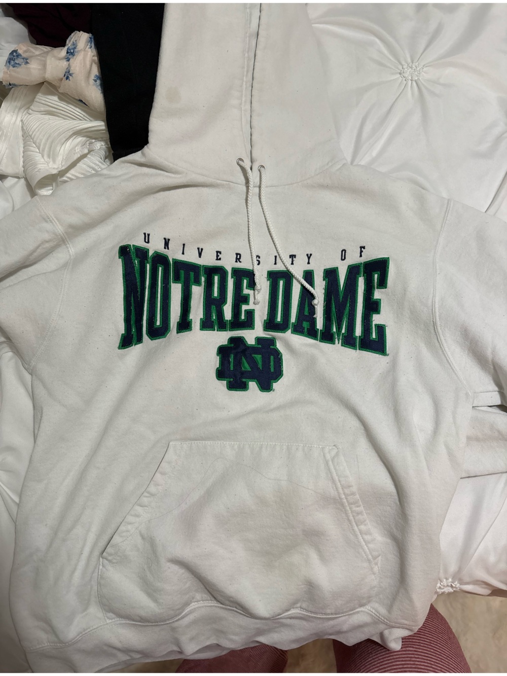 Champion White Hoodie with Green and Navy Notre Dame Logo
